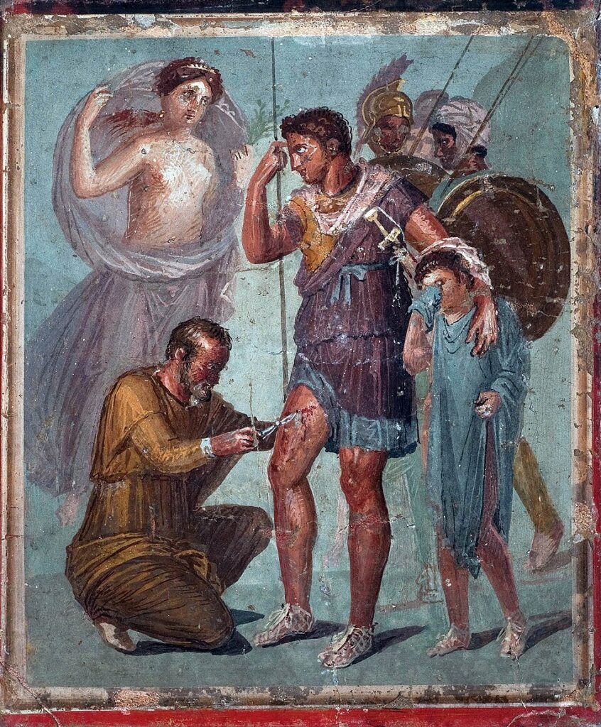 İapyx Aeneas'ın bacağından ok parçası çıkarıyor. Pompeii Freski.
