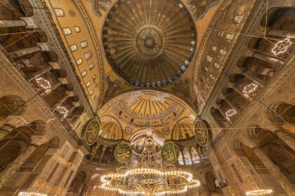 A view inside Hagia Sophia, Istanbul, illustrating the powerful relationship between sacred architecture, light, and space.